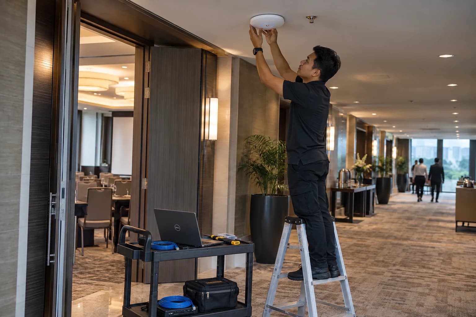 Solution illustration: technician commissioning a ceiling-mounted enterprise wireless access point