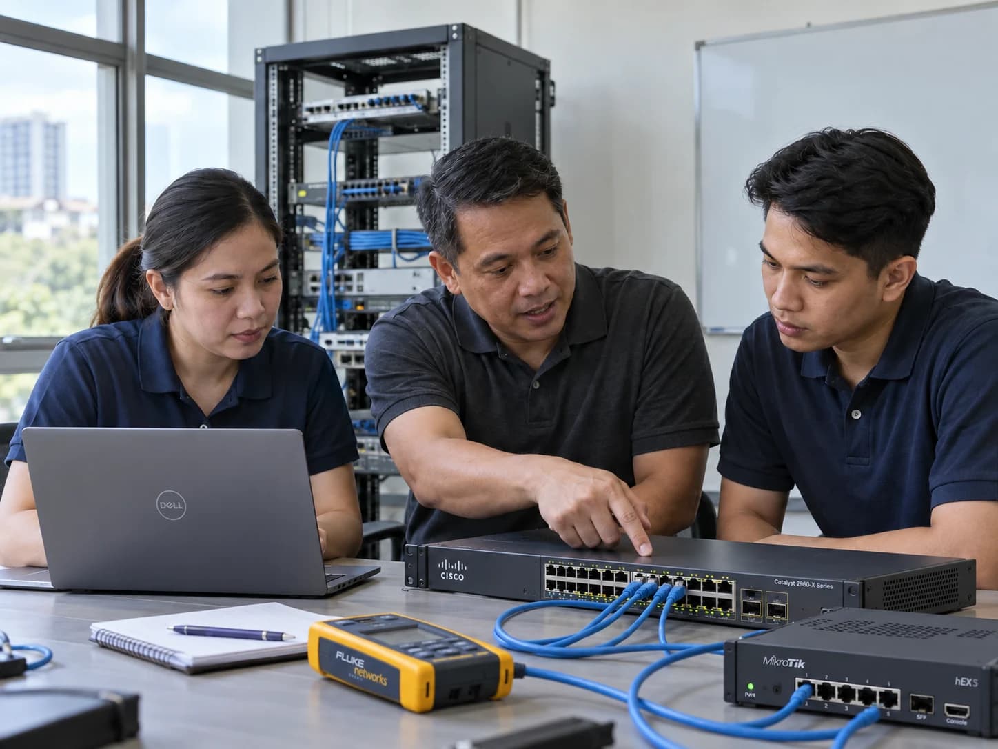 Filipino engineers sharing knowledge at a networking lab bench