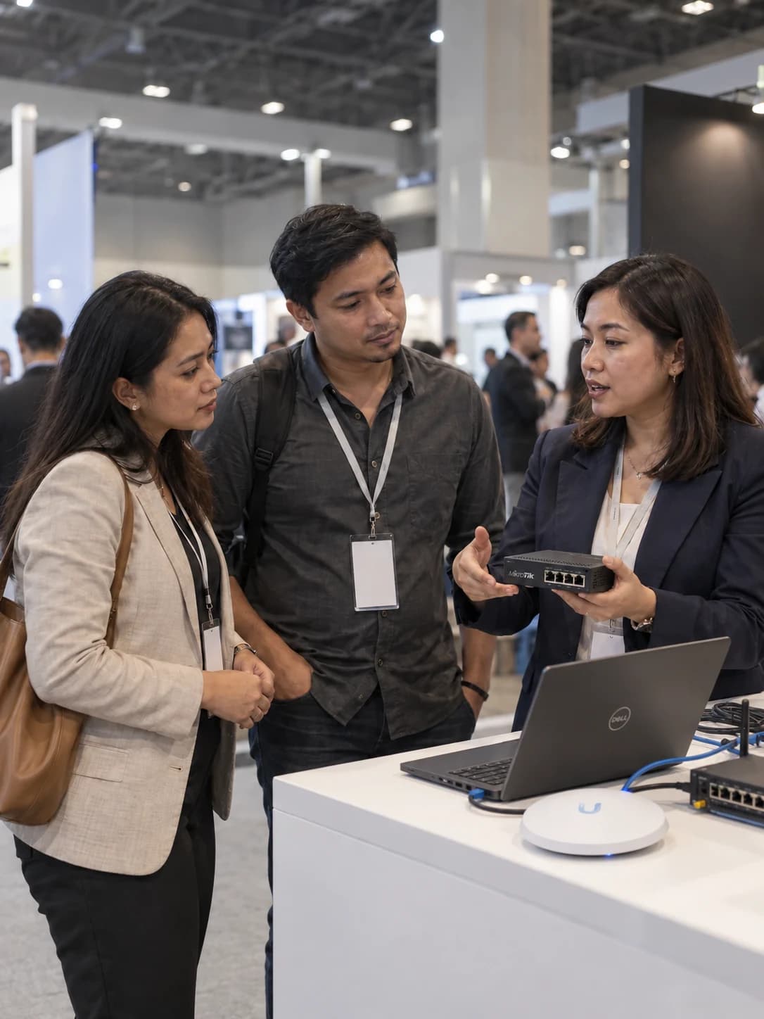 Technology professionals discussing equipment at an industry exhibition