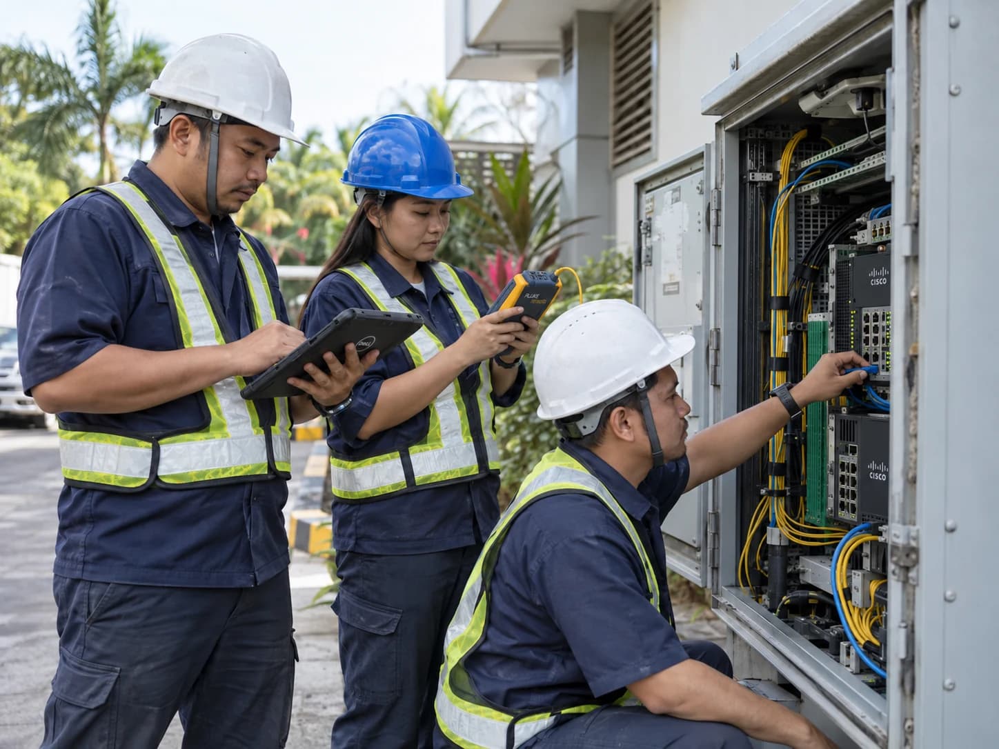 Field engineers inspecting a telecom cabinet with a cable tester and tablet