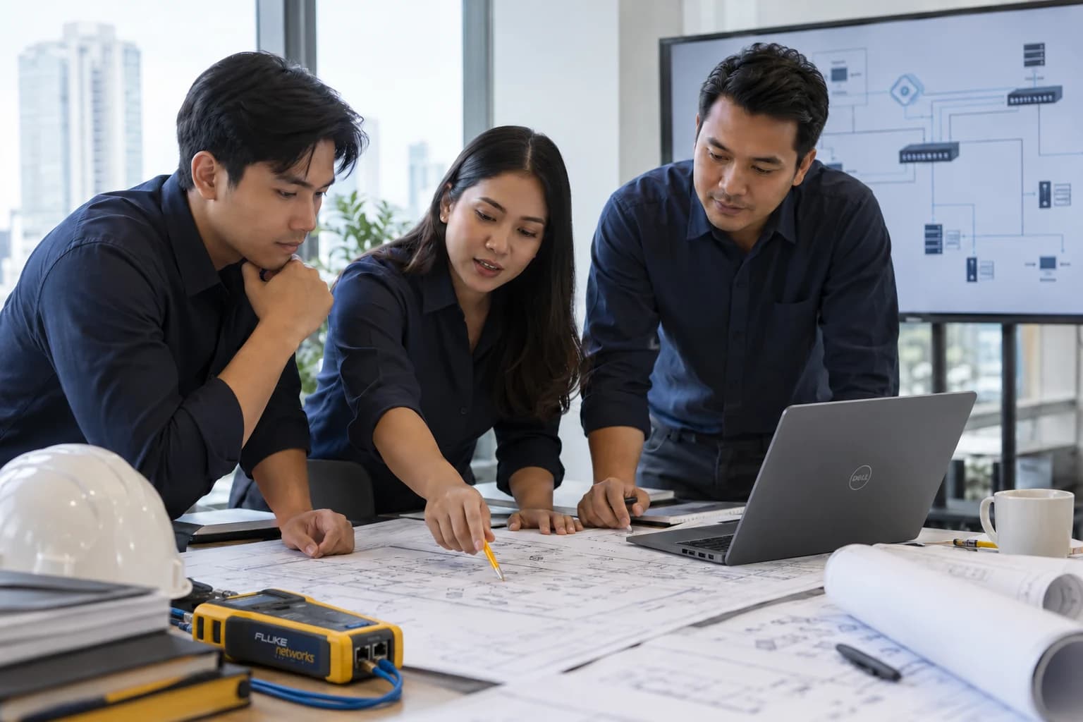 Engineers reviewing building plans and network architecture together