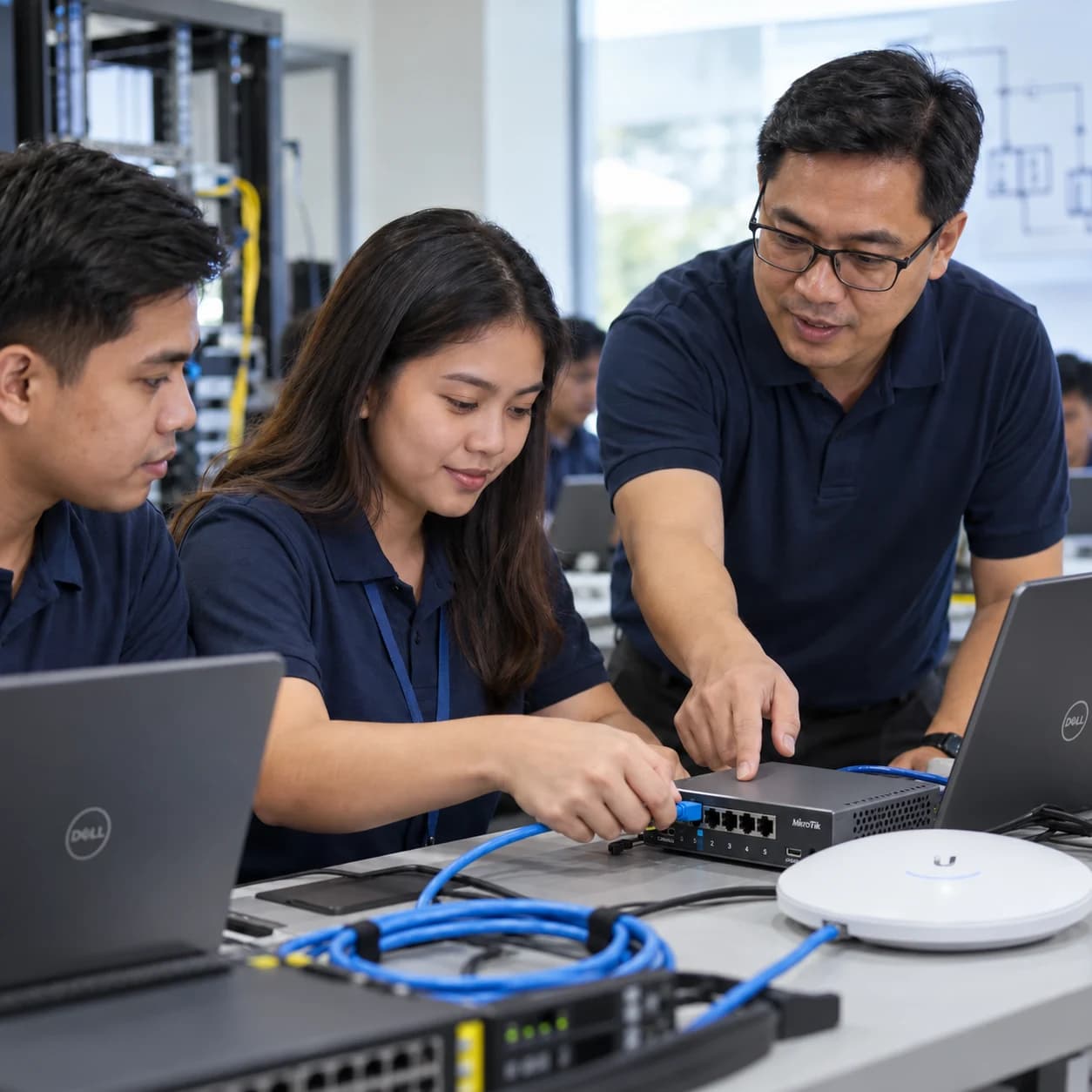 An instructor guiding trainees through a hands-on network switch exercise