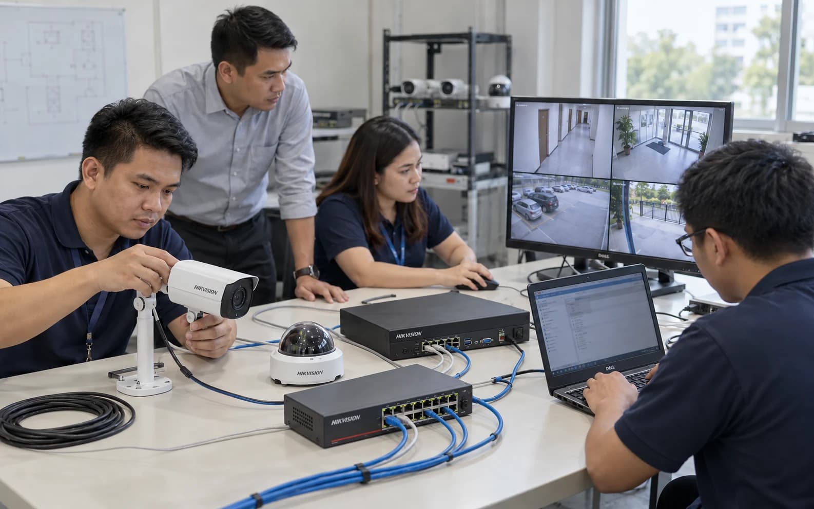 Illustrative CCTV lab with participants adjusting an IP camera and reviewing surveillance feeds