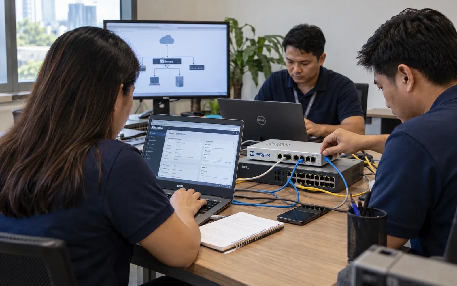 Illustrative security-gateway lab with engineers configuring a firewall and testing Ethernet connectivity