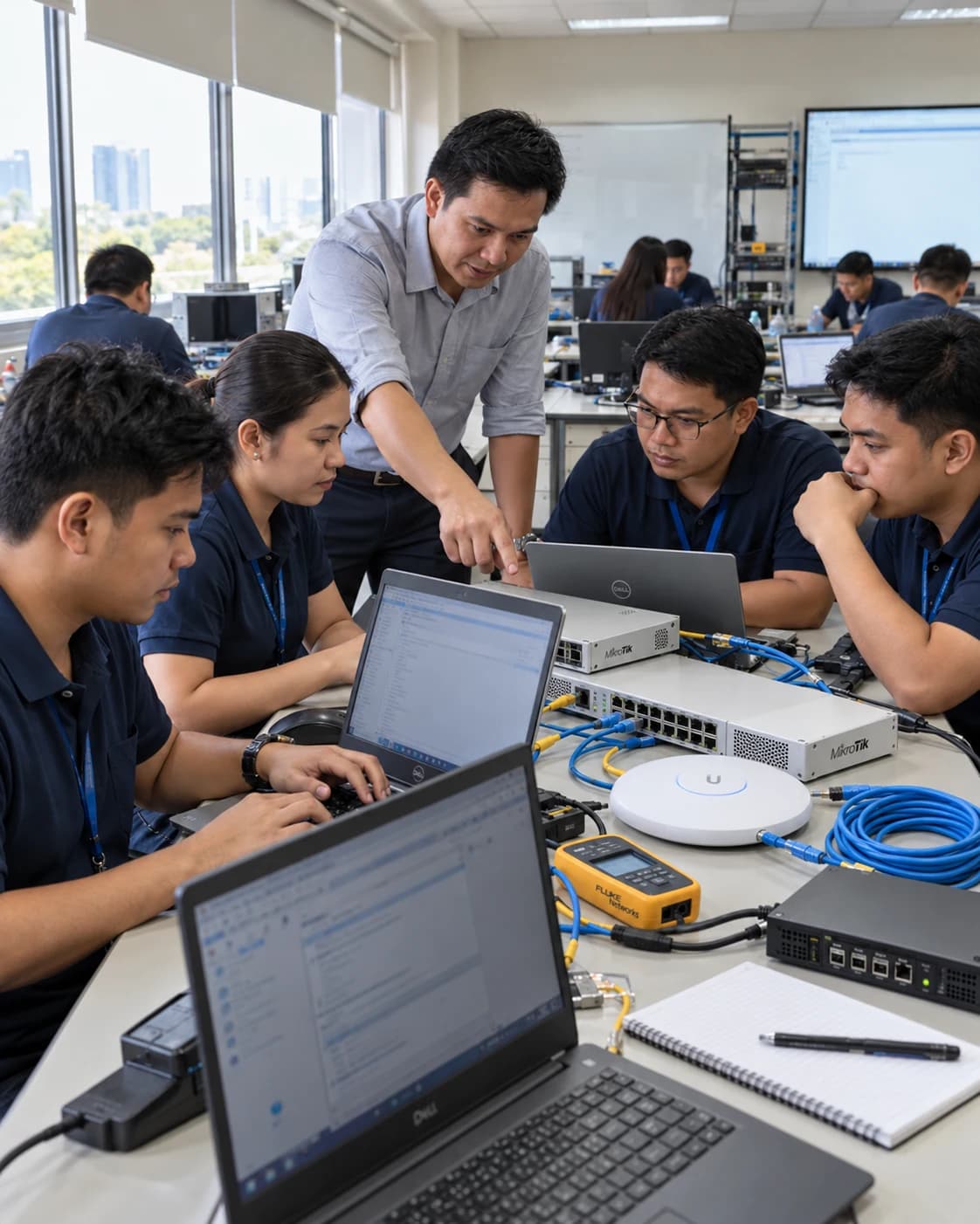 Illustrative networking workshop with a trainer guiding participants at a hardware bench