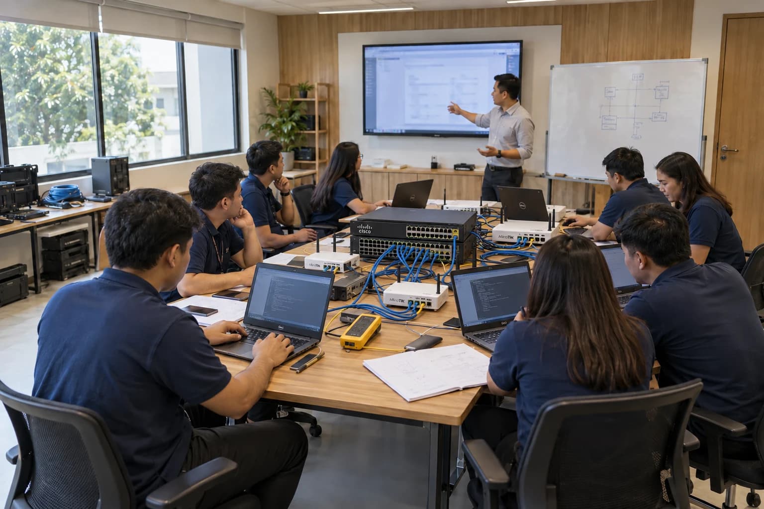 Illustrative classroom workshop with engineers learning at a long table of networking equipment