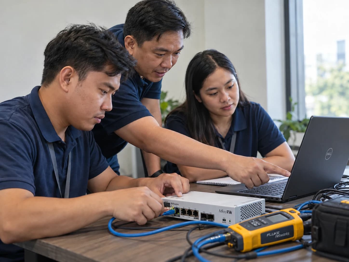 Illustrative mentoring session with a trainer helping two participants configure a router