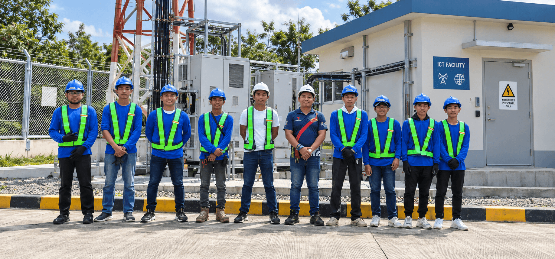 Hypernet team in safety helmets and reflective vests pictured in front of an ICT facility