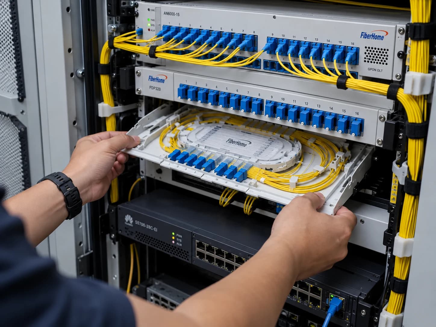 Optical distribution rack with fiber patch cords and an open splitter tray