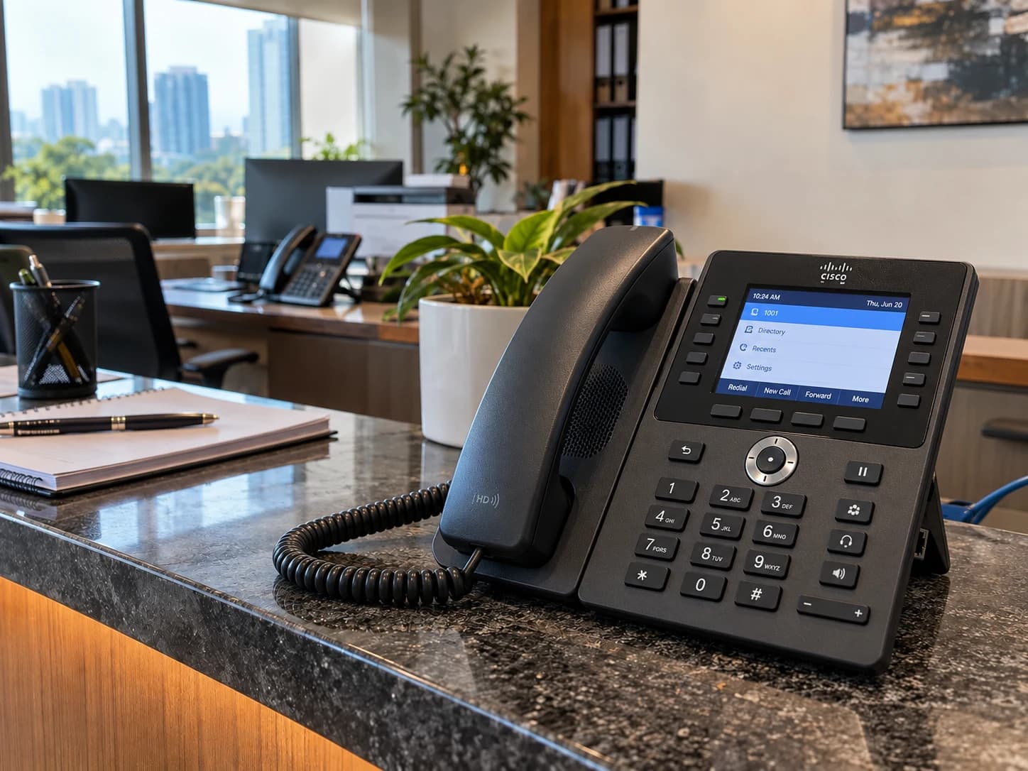 Business IP desk telephone at an office reception
