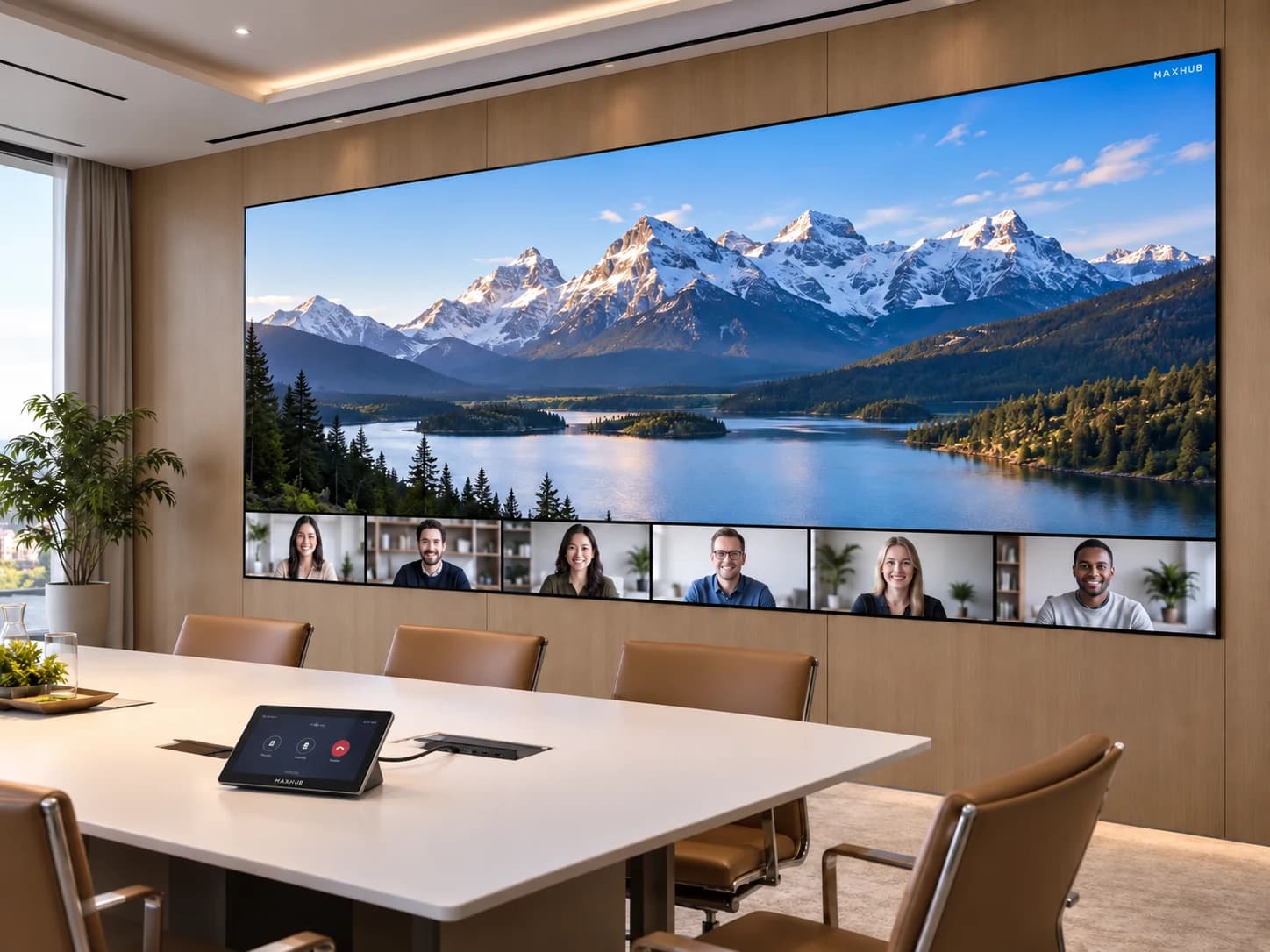 Seamless COB LED video wall displaying a presentation and video conference in a meeting room