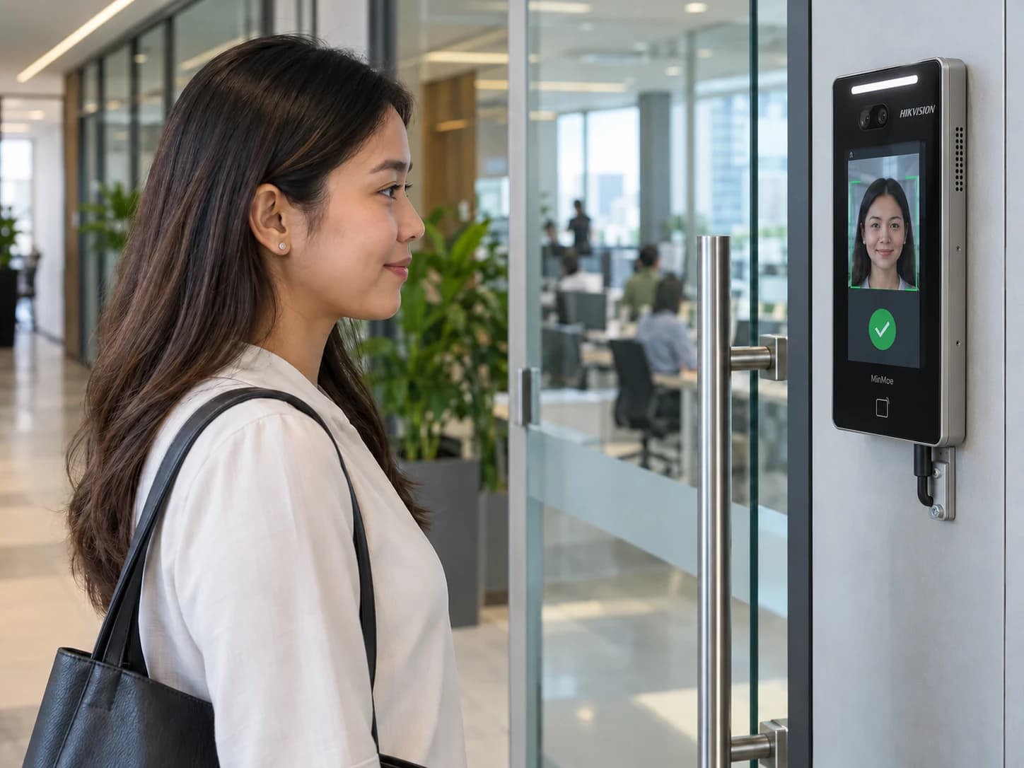 Employee using a facial-recognition terminal beside a secure glass office entrance