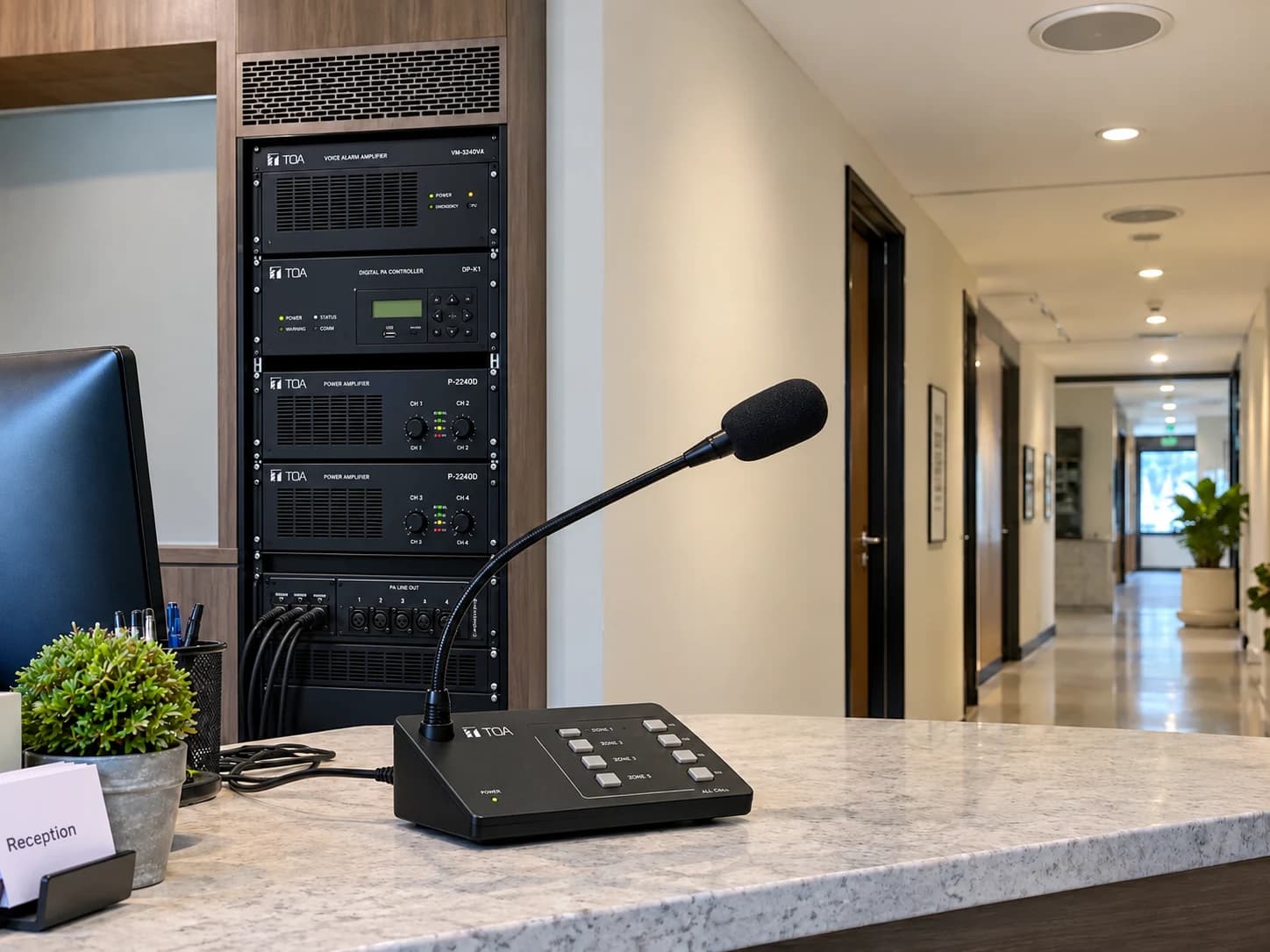 Facility paging microphone, amplifier rack and corridor ceiling speakers