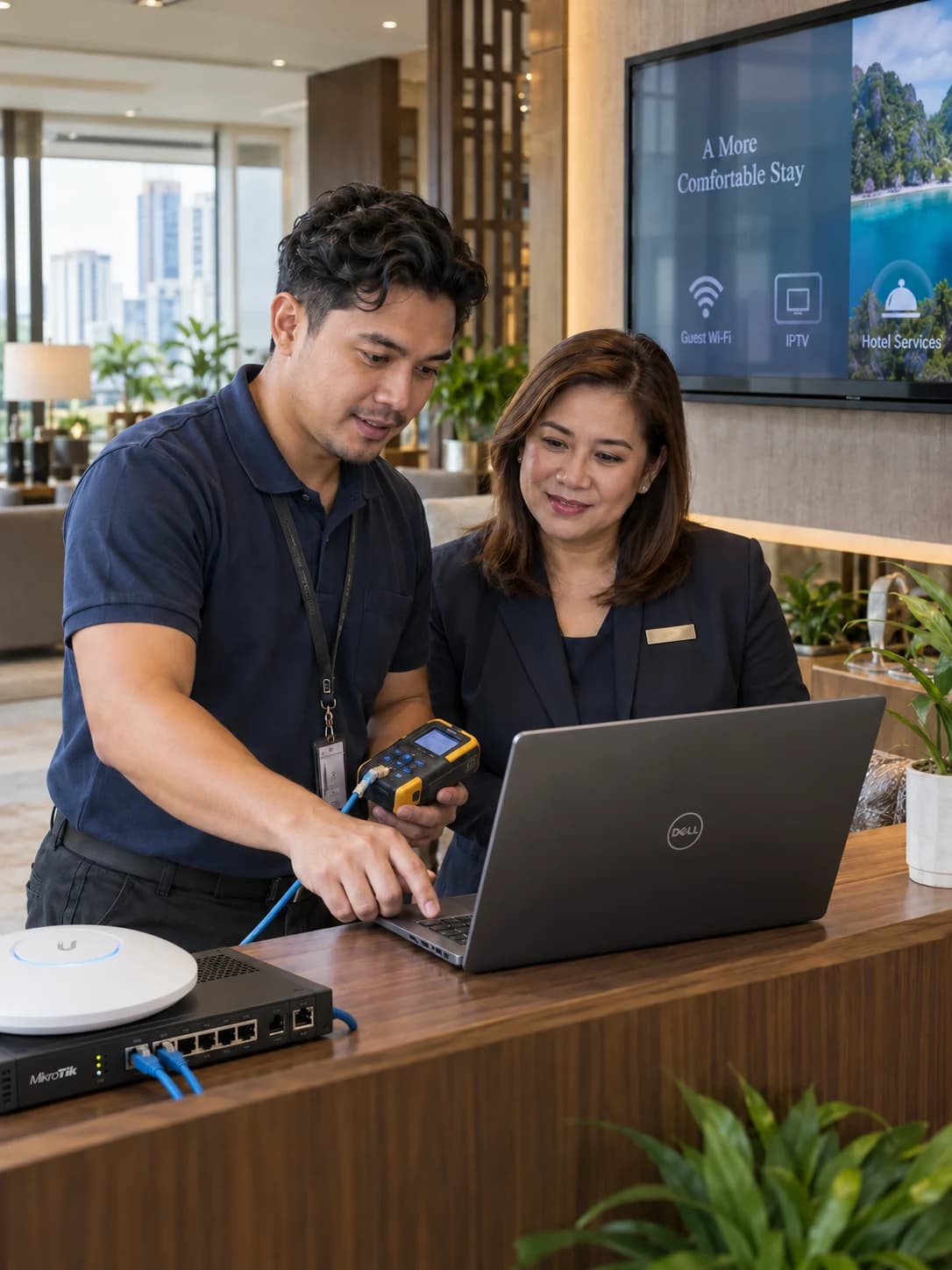 A Filipino engineer and hotel professional with faces visible reviewing guest Wi-Fi and IPTV equipment