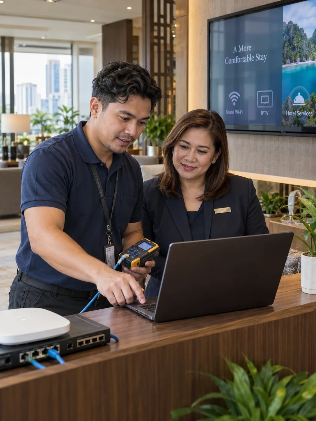 A Filipino engineer and hotel professional with faces visible reviewing guest Wi-Fi and IPTV equipment
