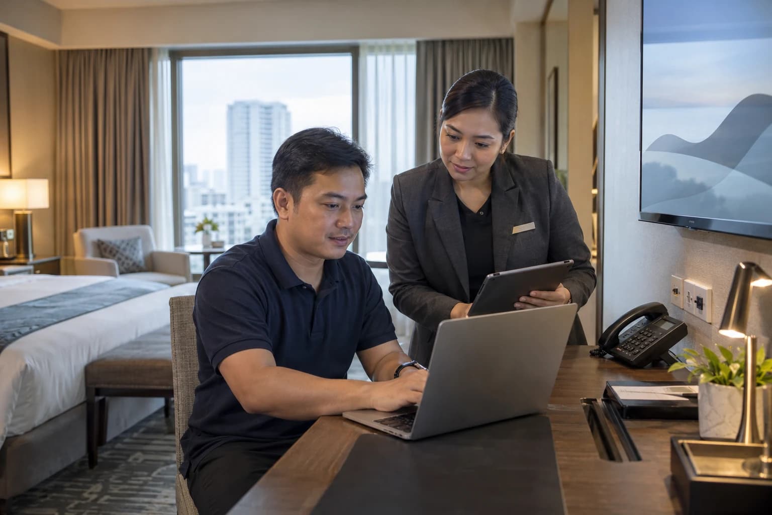 A technician and hotel manager checking guest connectivity and connected room technology