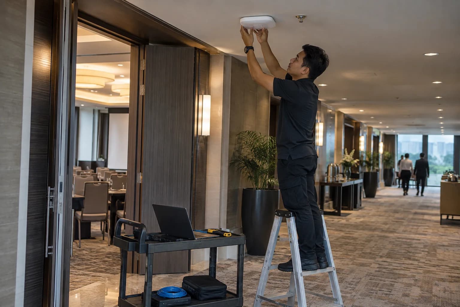 Solution illustration: technician commissioning a ceiling-mounted enterprise wireless access point