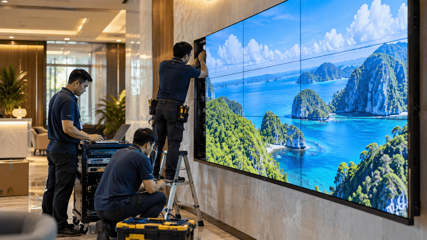 Technicians installing a video wall and configuring its equipment in a hospitality setting