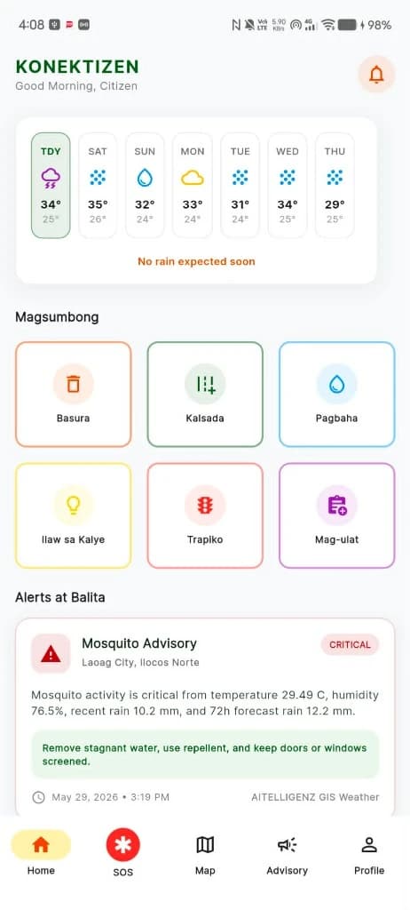 KONEKTIZEN mobile home screen with local information and reporting