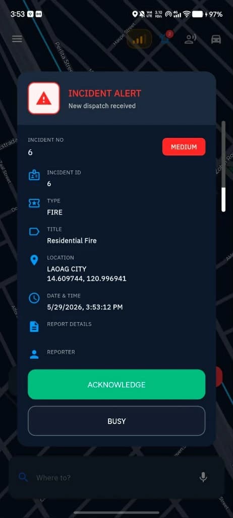 RAPPID mobile incident alert and response acknowledgement screen