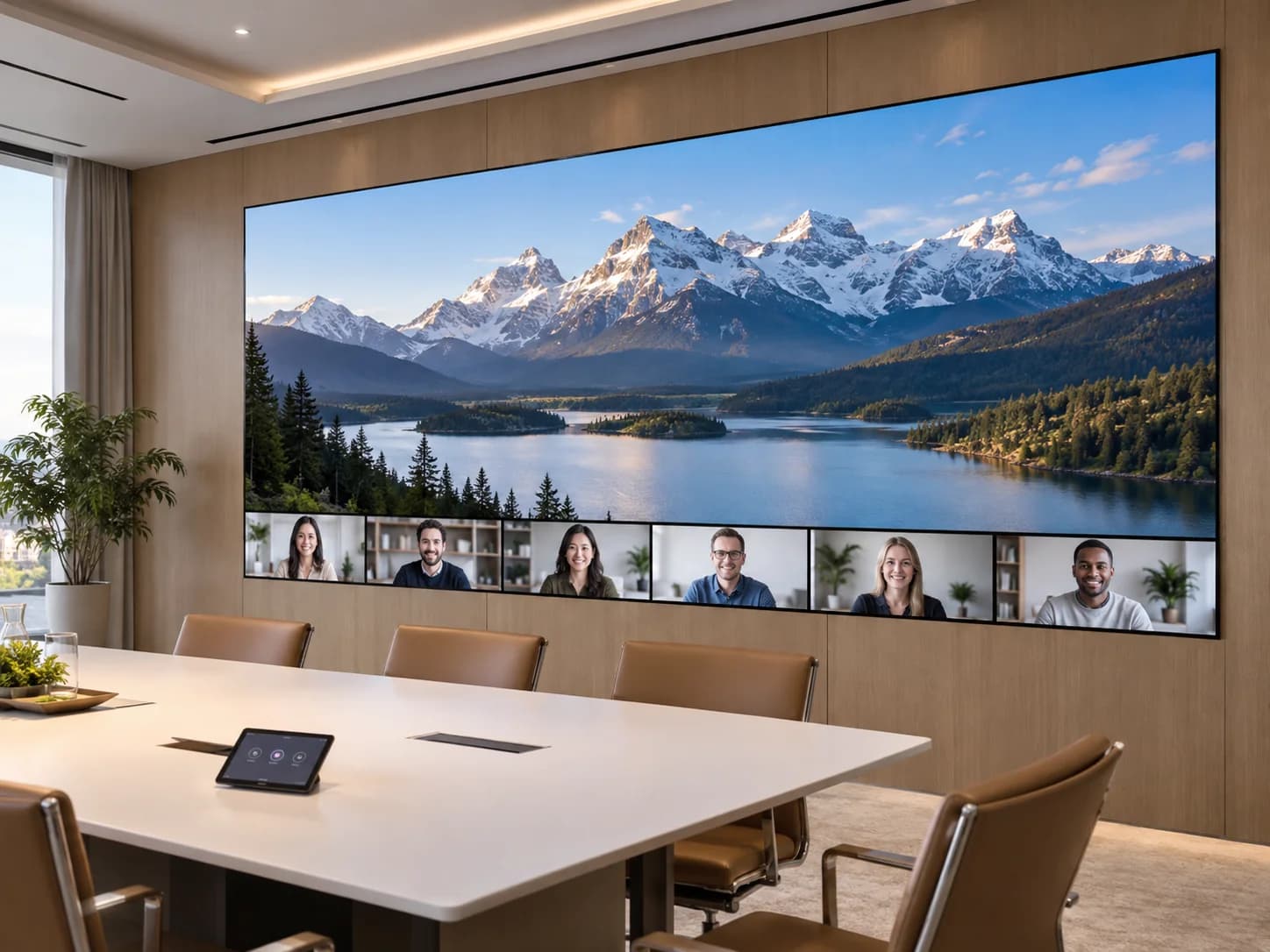 Seamless COB LED video wall displaying a presentation and video conference in a meeting room