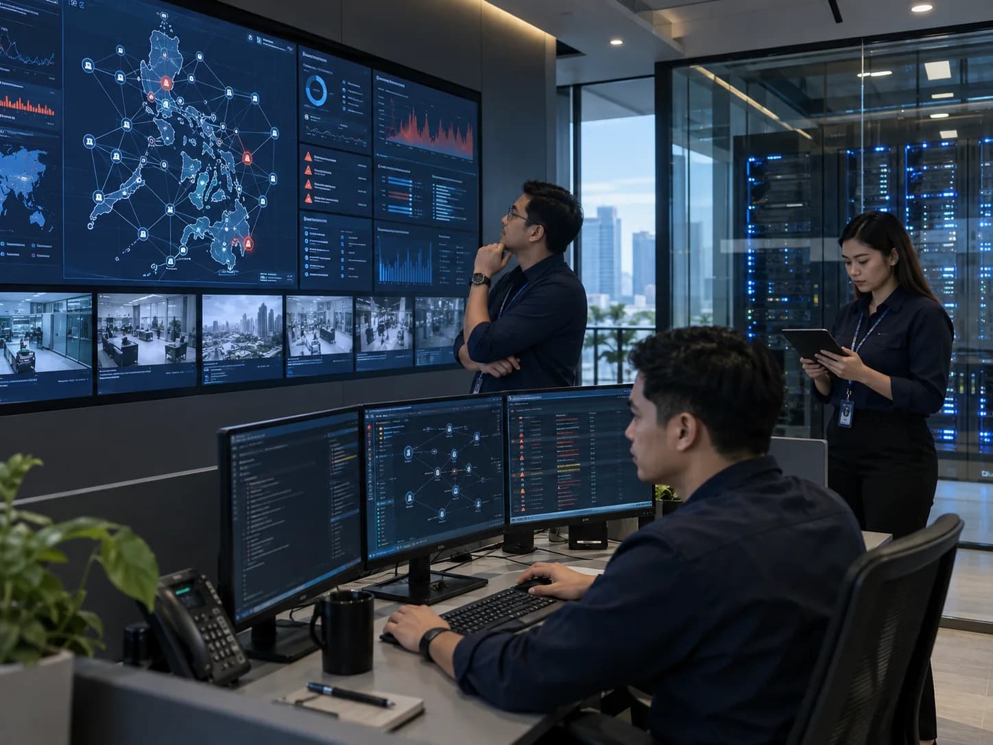 Cybersecurity analysts monitoring network threats and firewall activity in an operations center