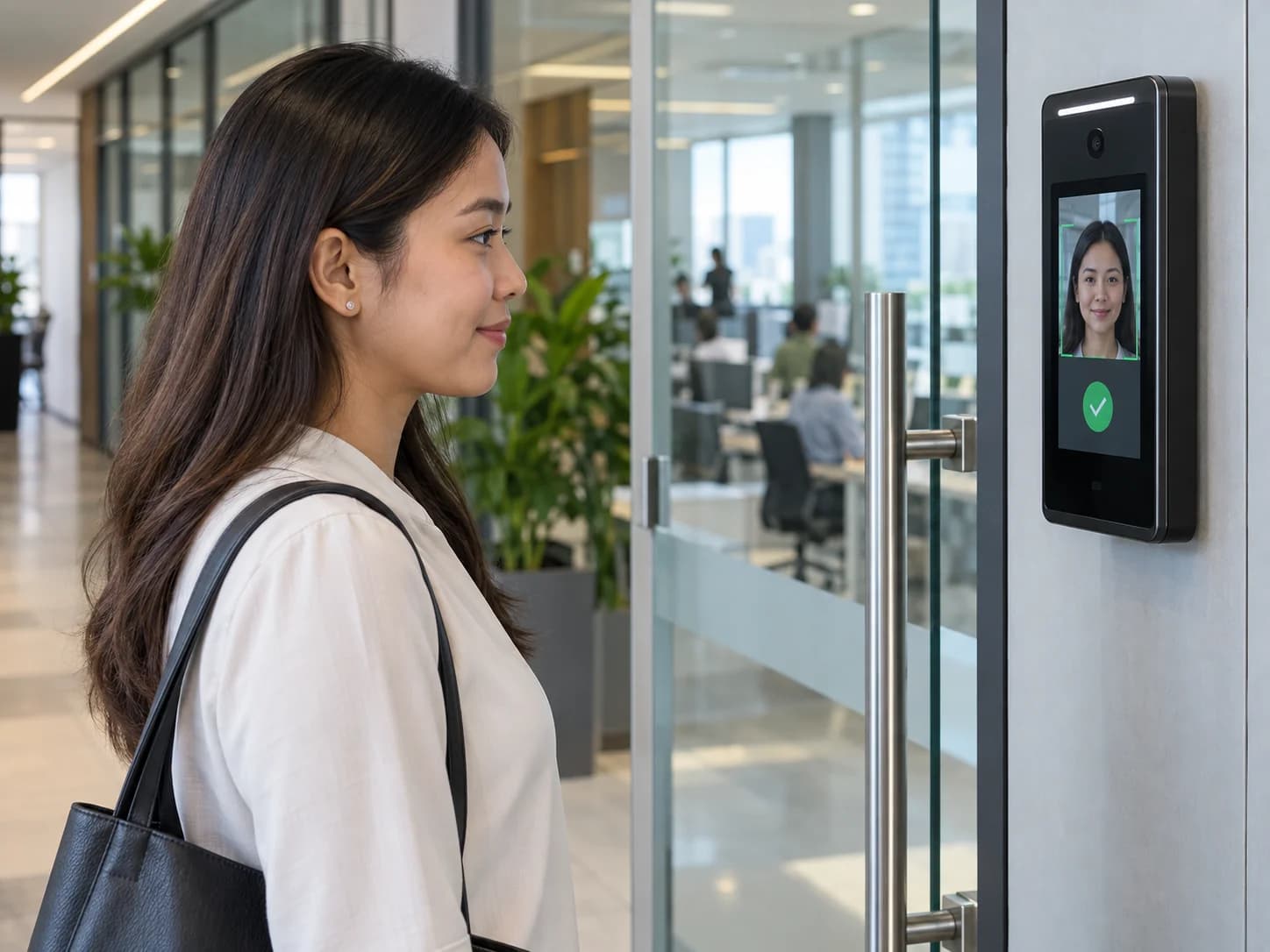 Employee using a facial-recognition terminal beside a secure glass office entrance