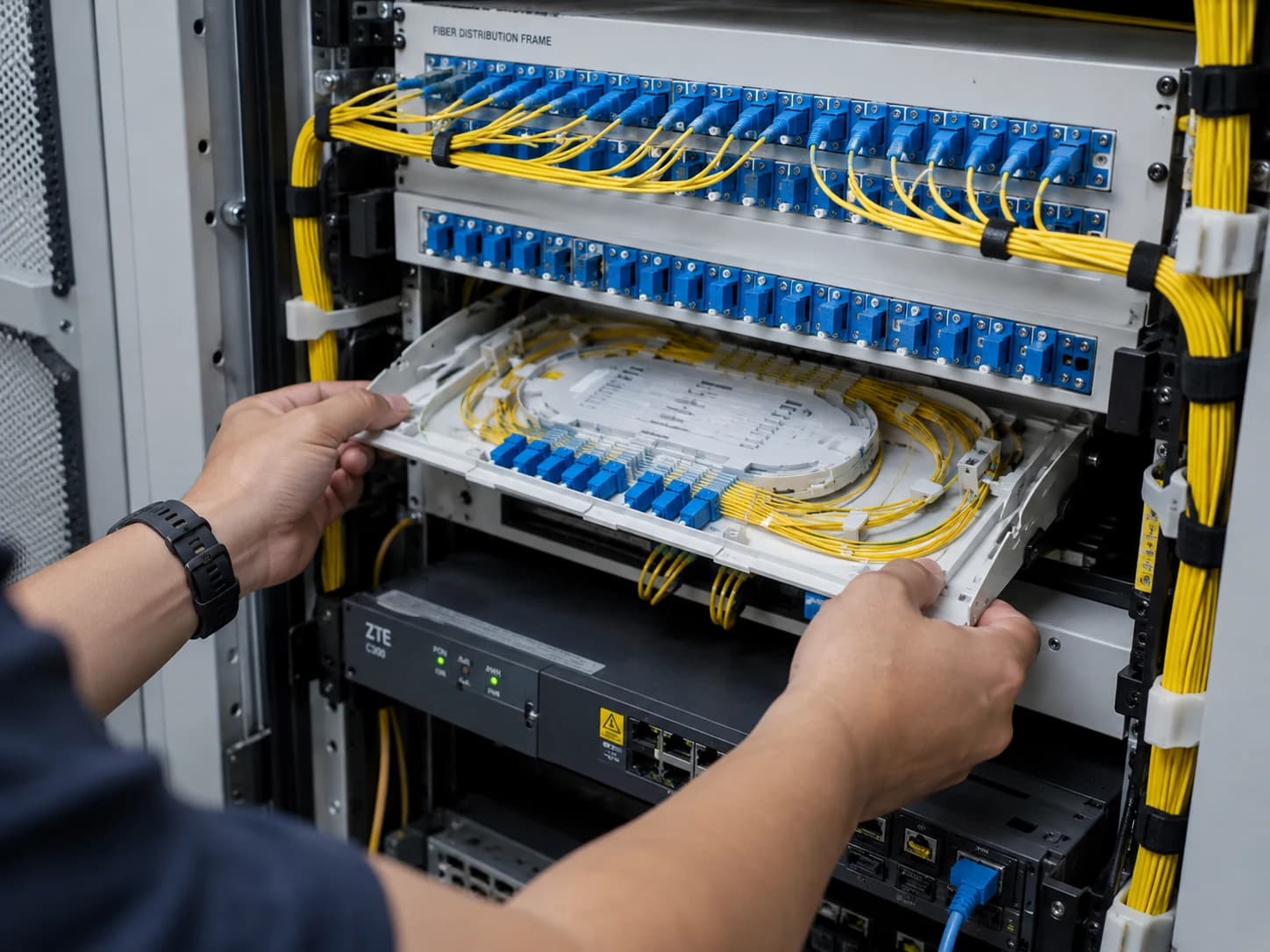 Optical distribution rack with fiber patch cords and an open splitter tray