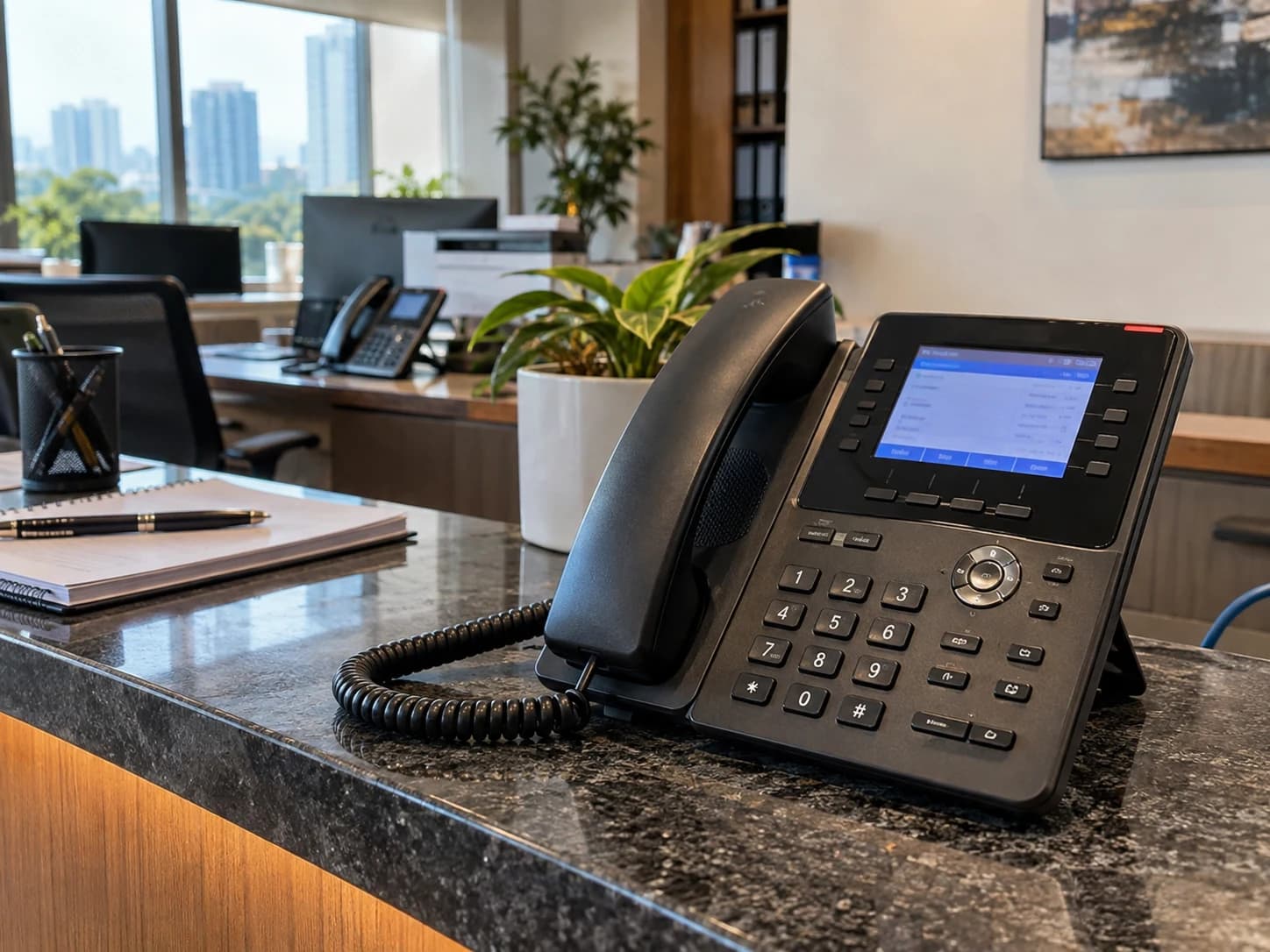 Business IP desk telephone at an office reception