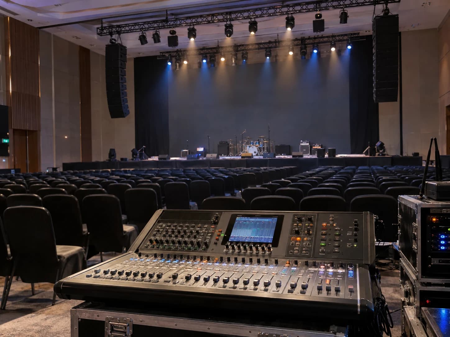 Auditorium audio mixing console, loudspeakers and stage lighting