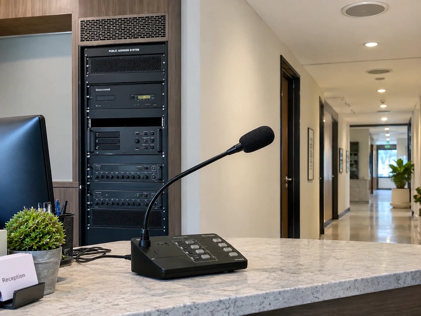 Facility paging microphone, amplifier rack and corridor ceiling speakers