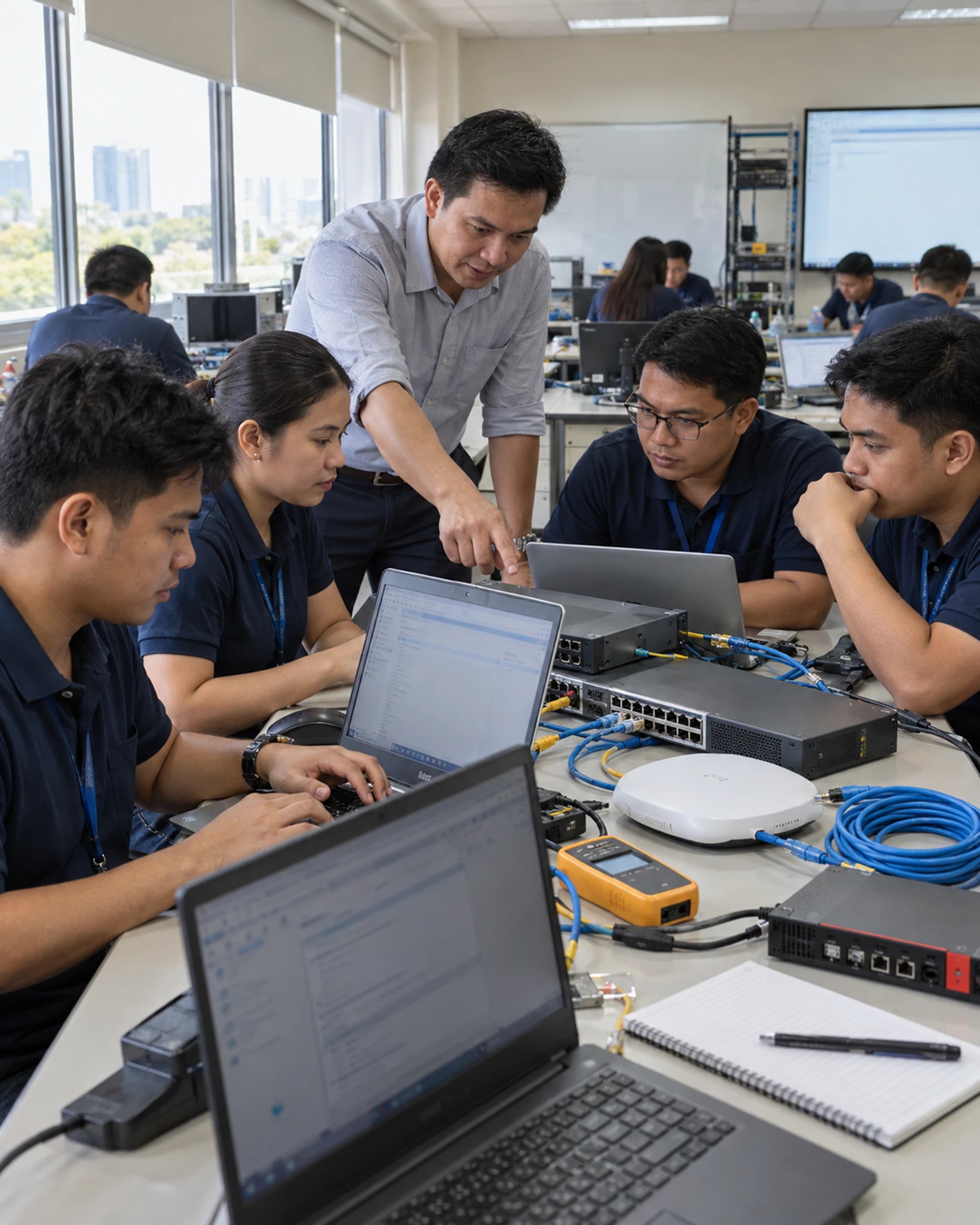 Illustrative networking workshop with a trainer guiding participants at a hardware bench
