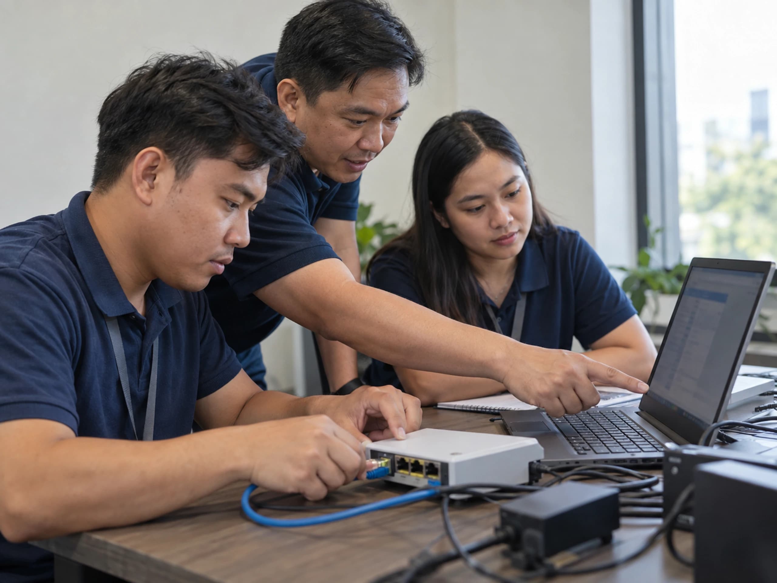 Illustrative mentoring session with a trainer helping two participants configure a router