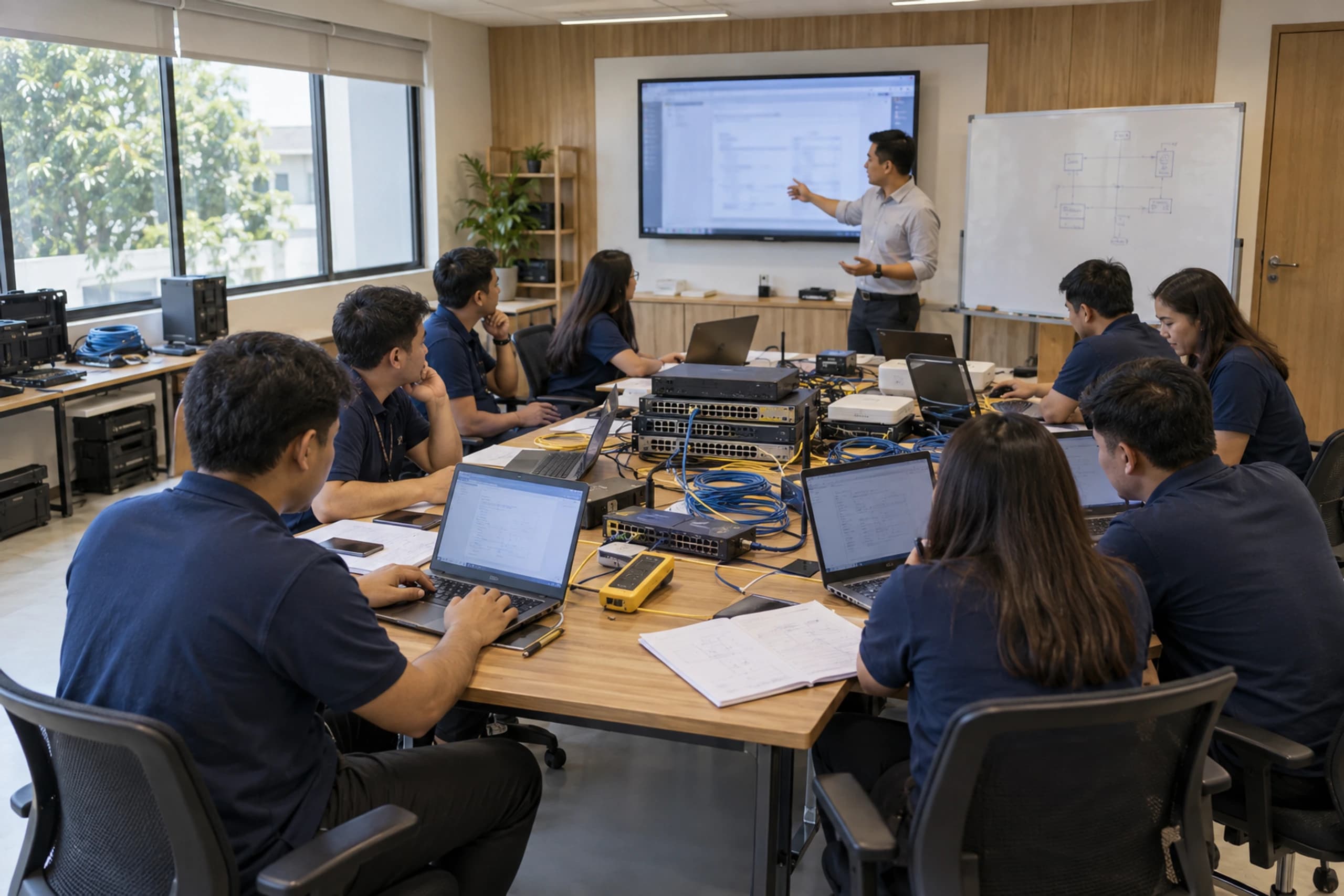Illustrative classroom workshop with engineers learning at a long table of networking equipment