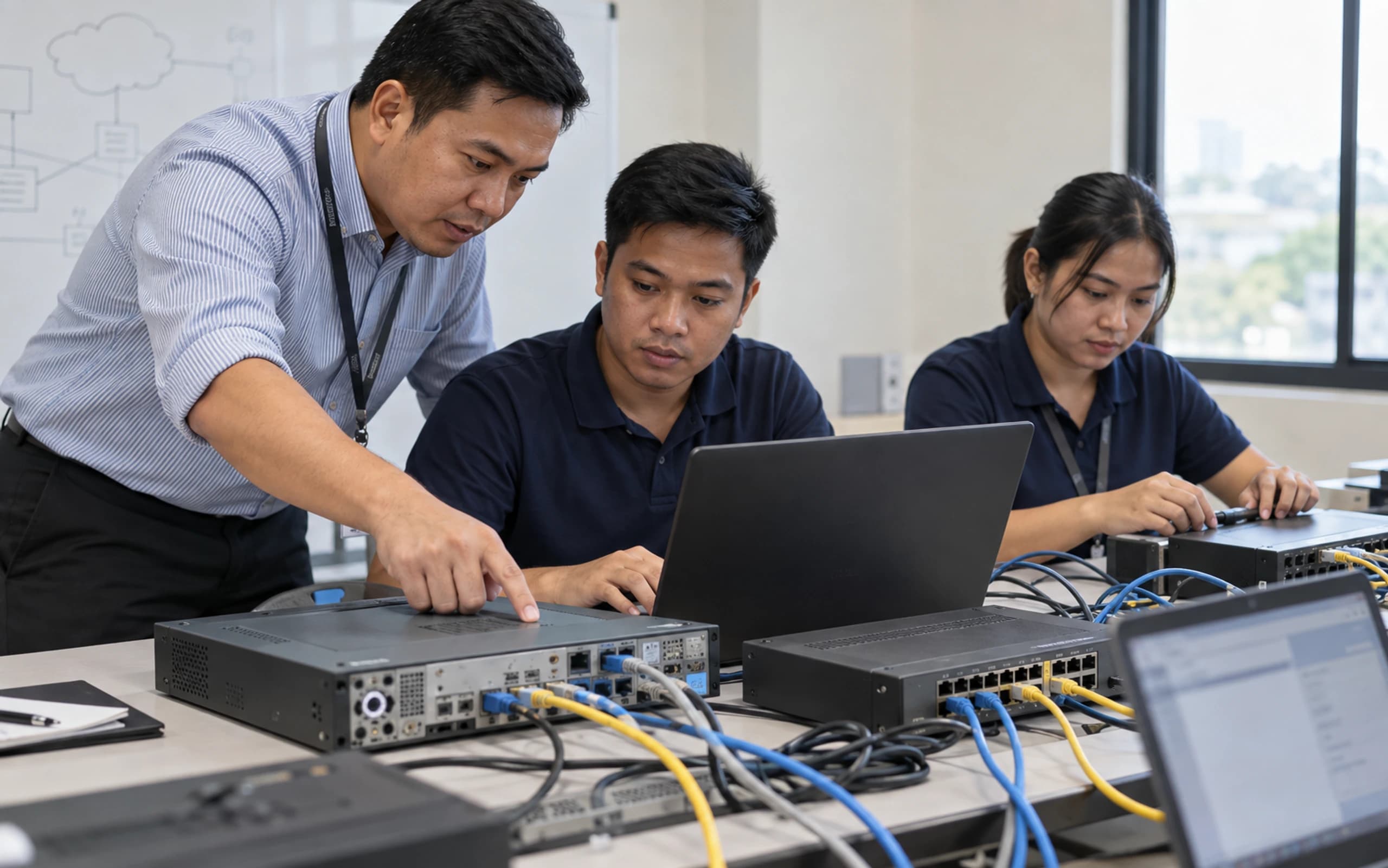 Illustrative routing lab with an instructor demonstrating router hardware and patch connections