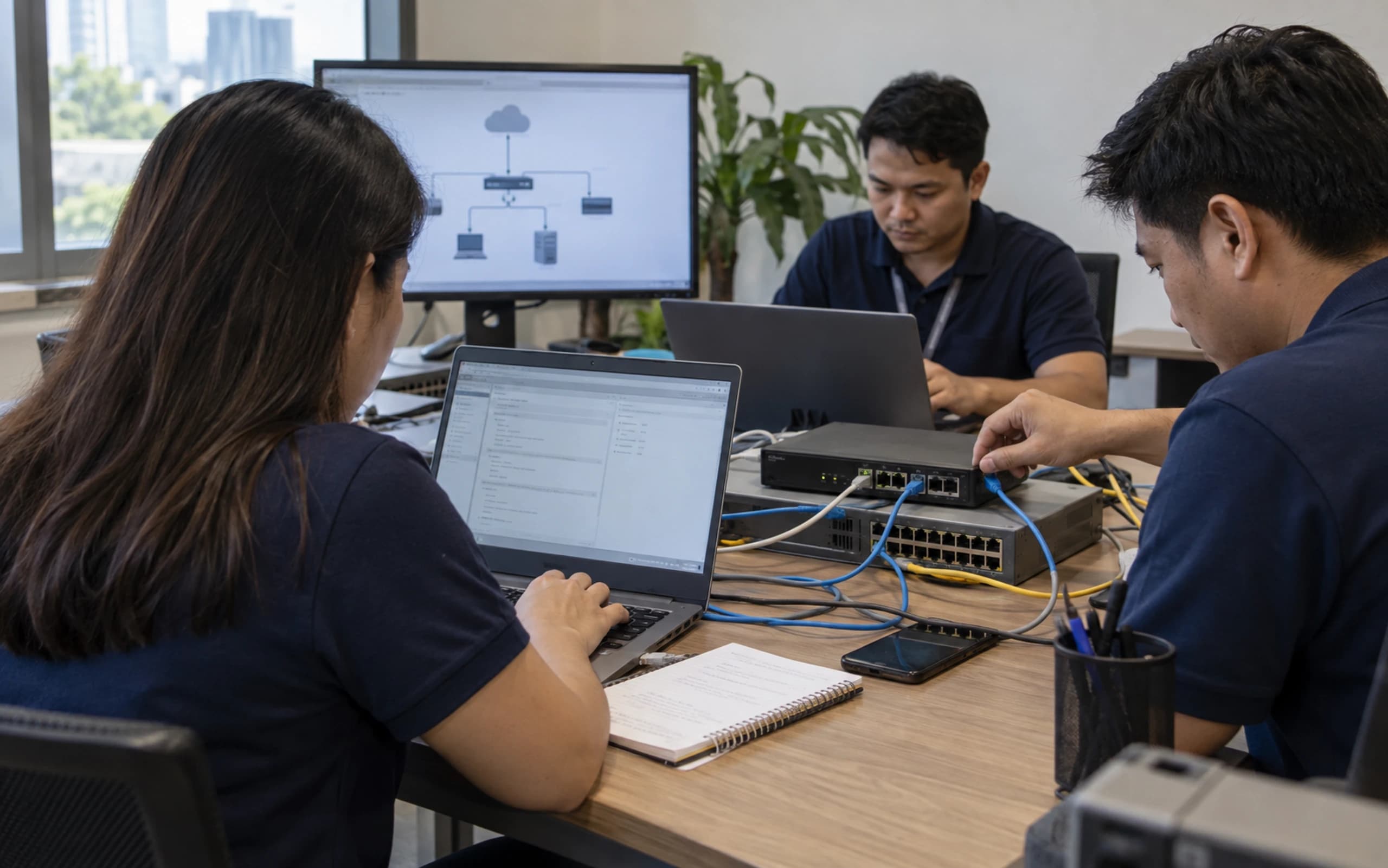 Illustrative security-gateway lab with engineers configuring a firewall and testing Ethernet connectivity