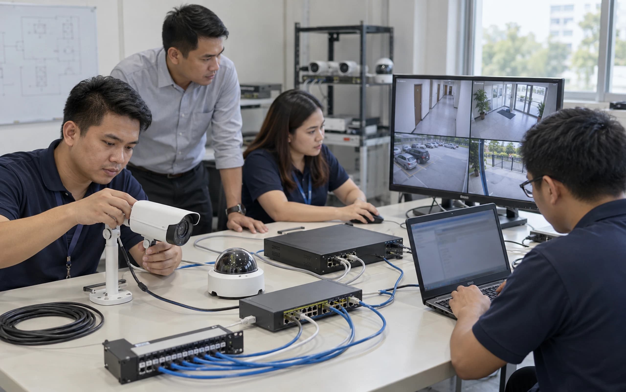 Illustrative CCTV lab with participants adjusting an IP camera and reviewing surveillance feeds