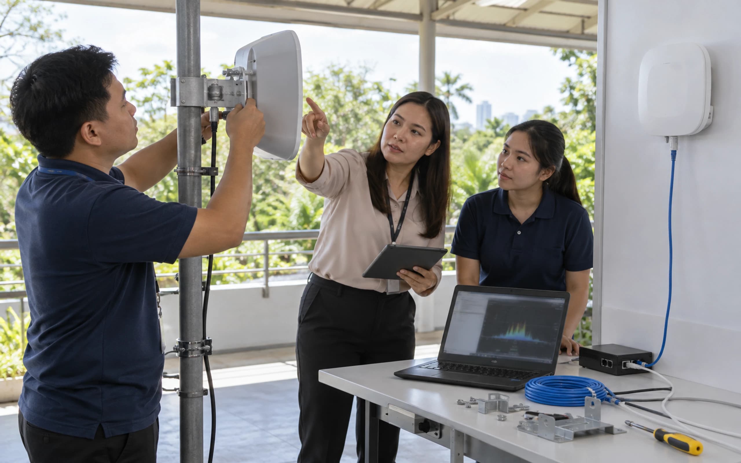 Illustrative wireless training session with participants aligning a directional radio beside an access point