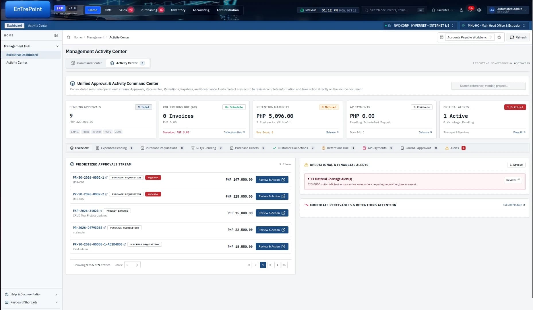 EnTrePoint ERP Management Activity Center