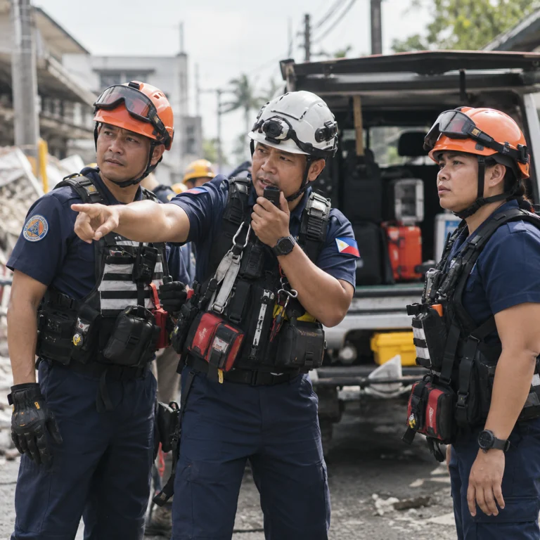 Philippine emergency field units coordinating a response, editorial illustration